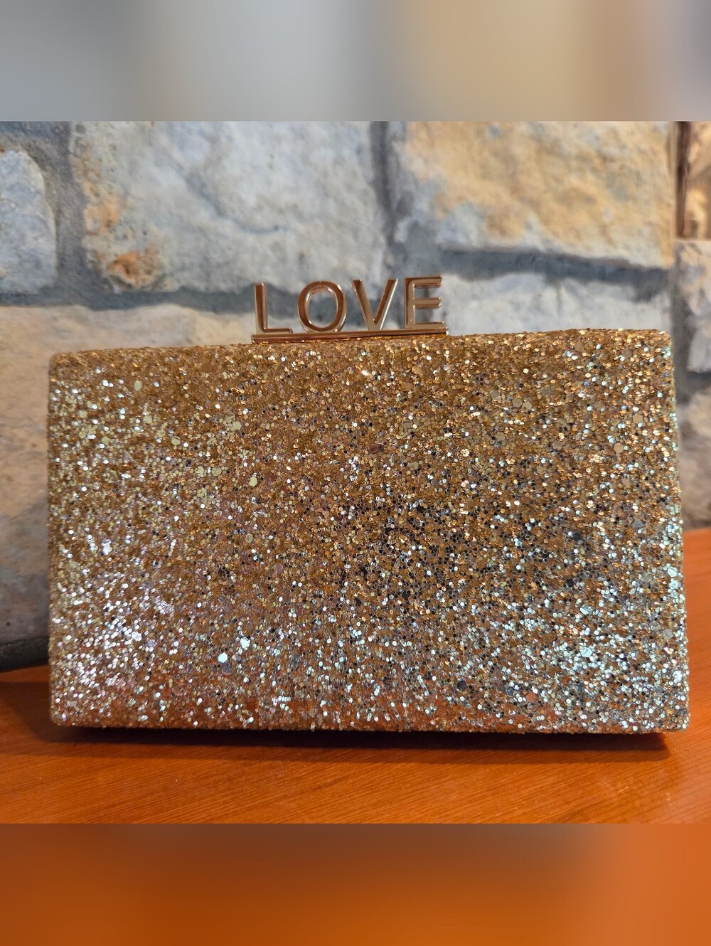 Gold Glitter LOVE Evening Clutch Bag Sparkly Bridal Purse Wedding Prom Handbag